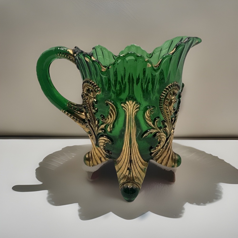 Vtg EAPG Emerald green glass pitcher creamer gold guilt leaf pedestal base foot